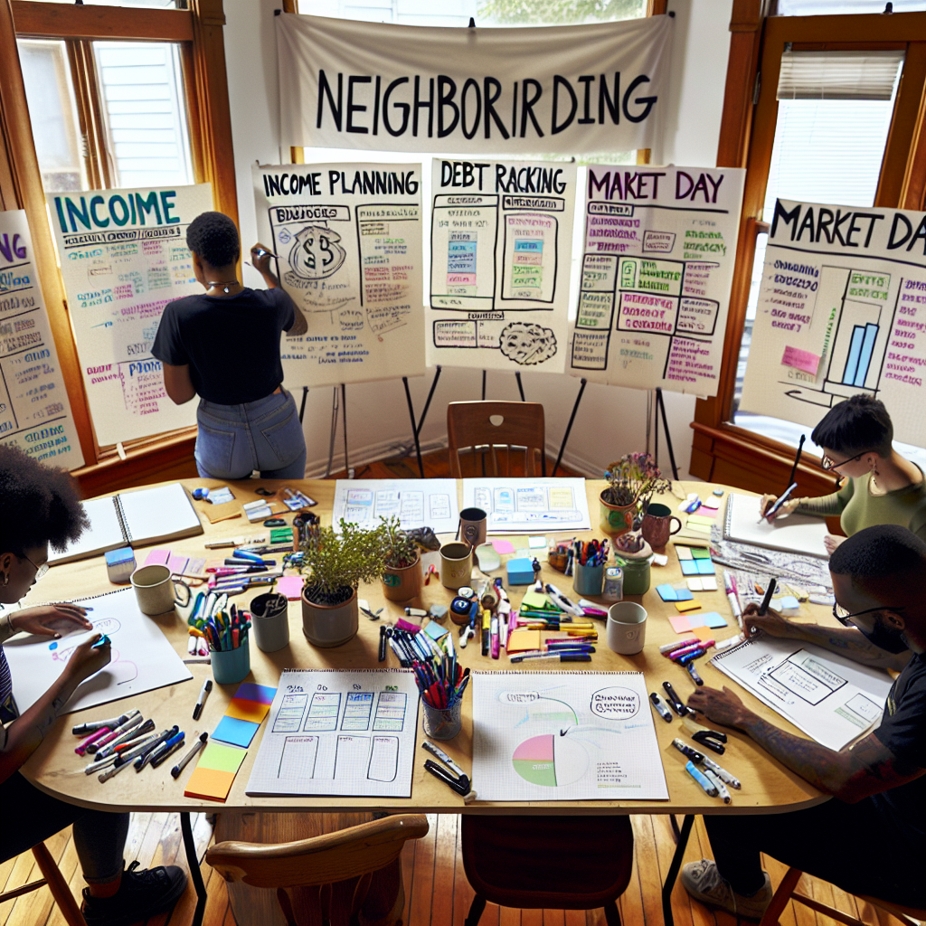 Team of community facilitators preparing budgeting flip charts for a neighborhood learning session focused on income planning debt tracking and market day expense management