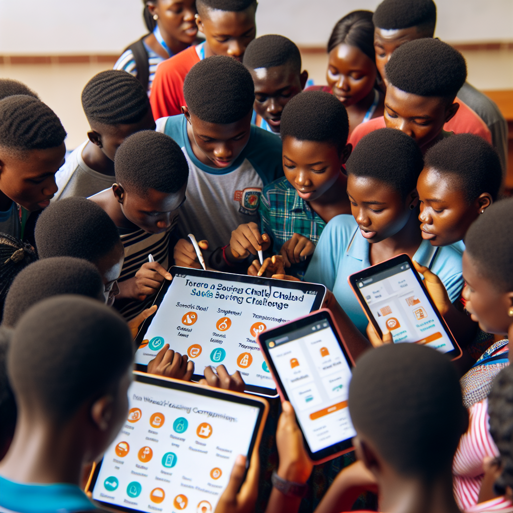 Group of Ghanaian students collaborating around tablets to test a savings challenge dashboard with prompts for school supplies transportation and weekend housing contributions
