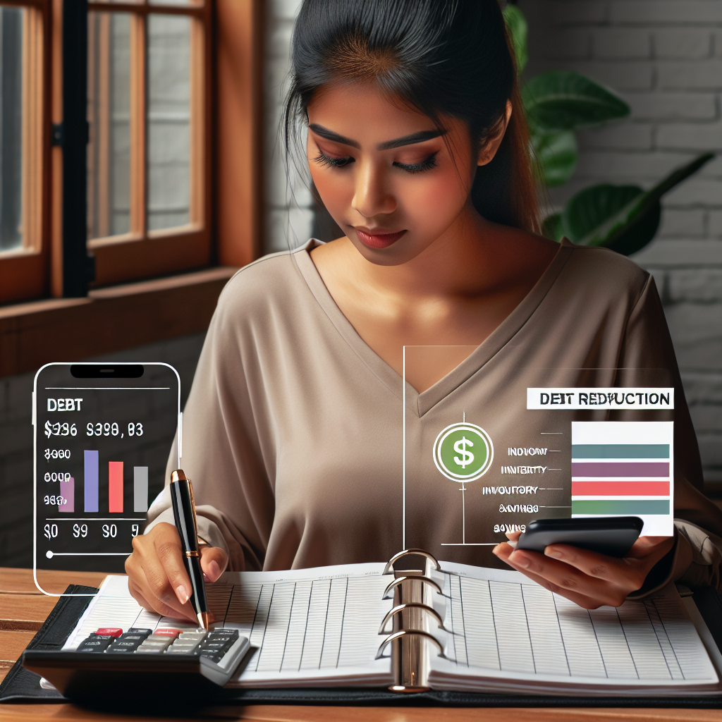 Entrepreneur reviewing customer ledger books beside a calculator and smartphone app that visualizes debt reduction targets inventory purchases and savings milestones for expansion