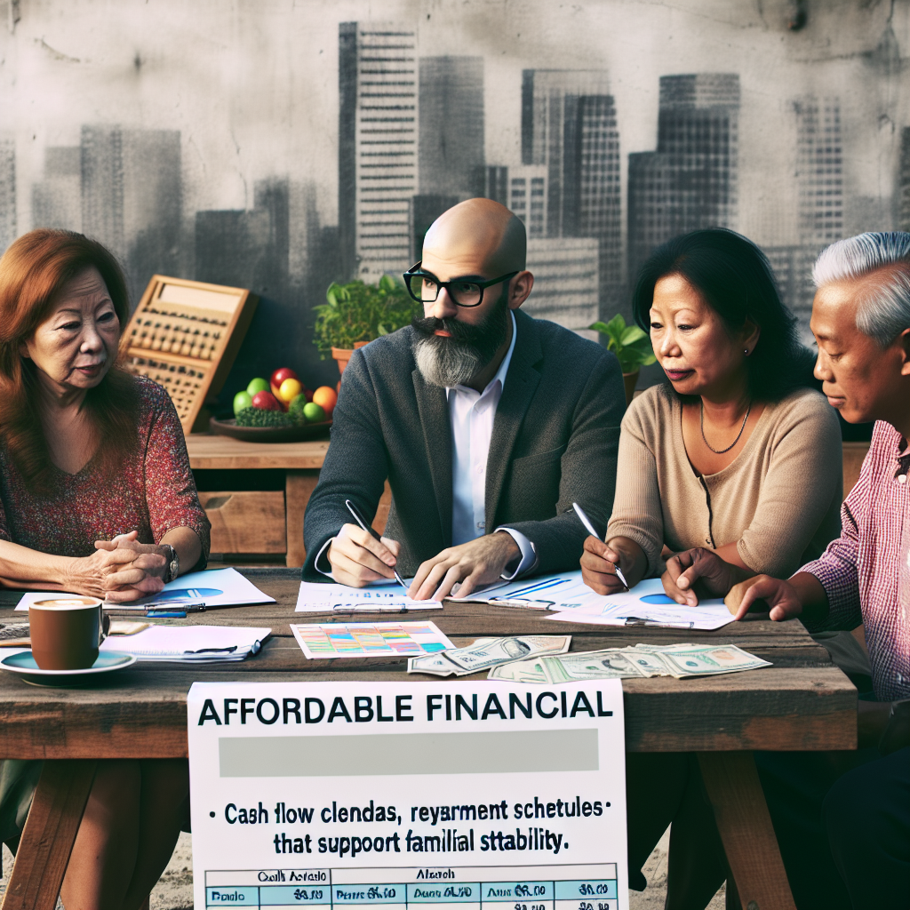 Budget coach meeting with informal traders outdoors while discussing cash flow calendars repayment commitments and culturally relevant financial practices that protect family stability